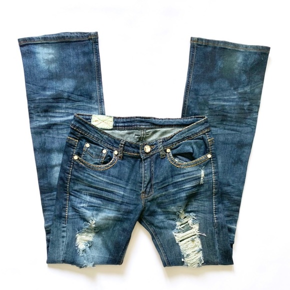 Machine Denim - Machine Distressed and Acid Faded Bootcut Jeans